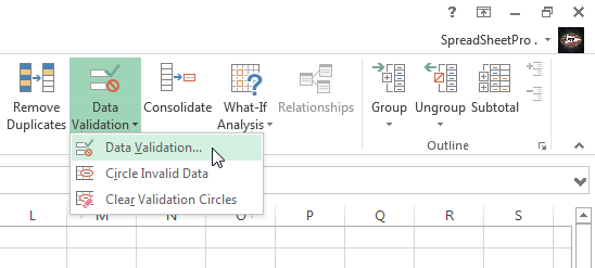 Click Data Validation in the Data Tools section of the ribbon